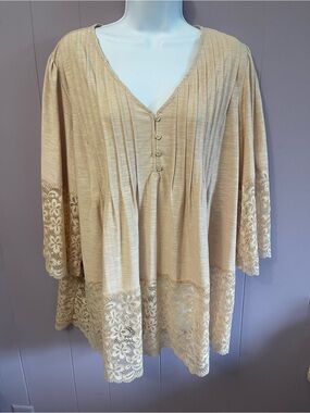 Roaman's Cream Pleated V-Neck Tunic with Lace Trim